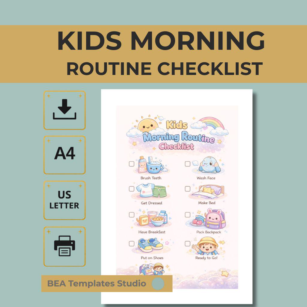 Kids Morning Routine Checklist Printable Daily Schedule Chart English PDF A4 US Letter
