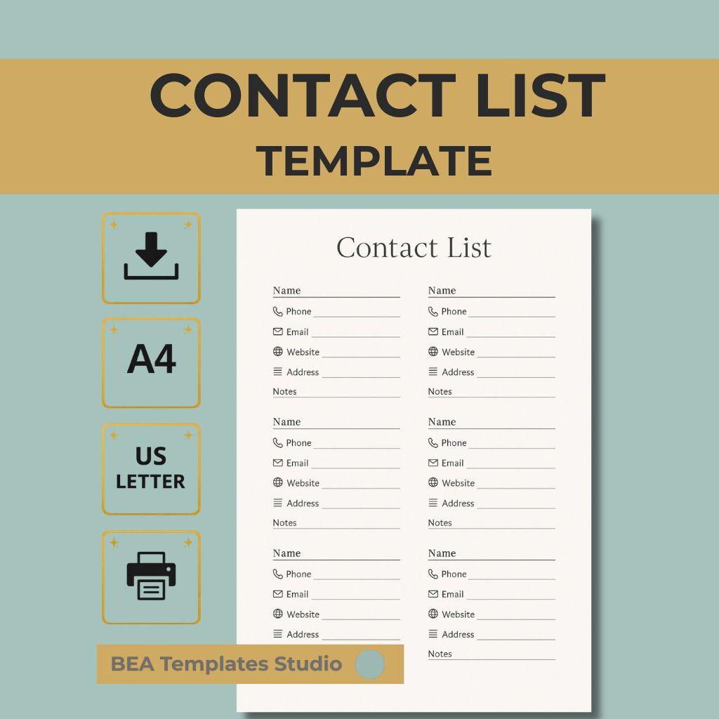 Contact List Printable Minimal Address Book PDF English A4 US Letter