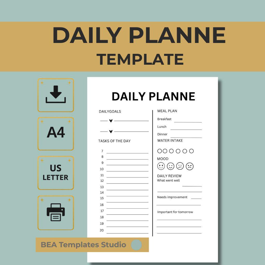 Minimalist Daily Planner Printable Meal and Water Tracker PDF US Letter A4