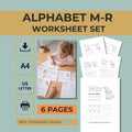 M–R Alphabet Tracing Worksheets, Animal Letter Handwriting Practice Printable for Preschool, Instant Download PDF