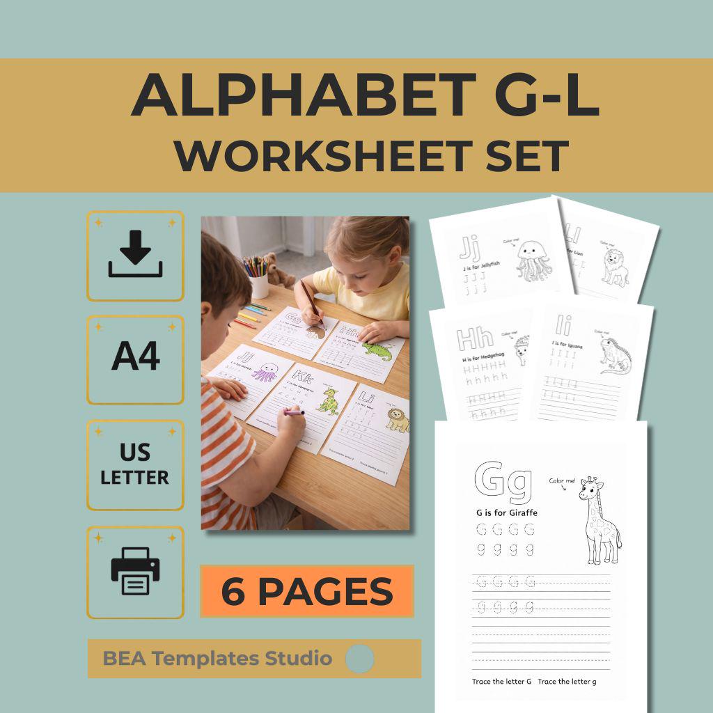 G–L Alphabet Tracing Worksheets, Animal Letter Handwriting Practice Printable for Preschool, Instant Download PDF