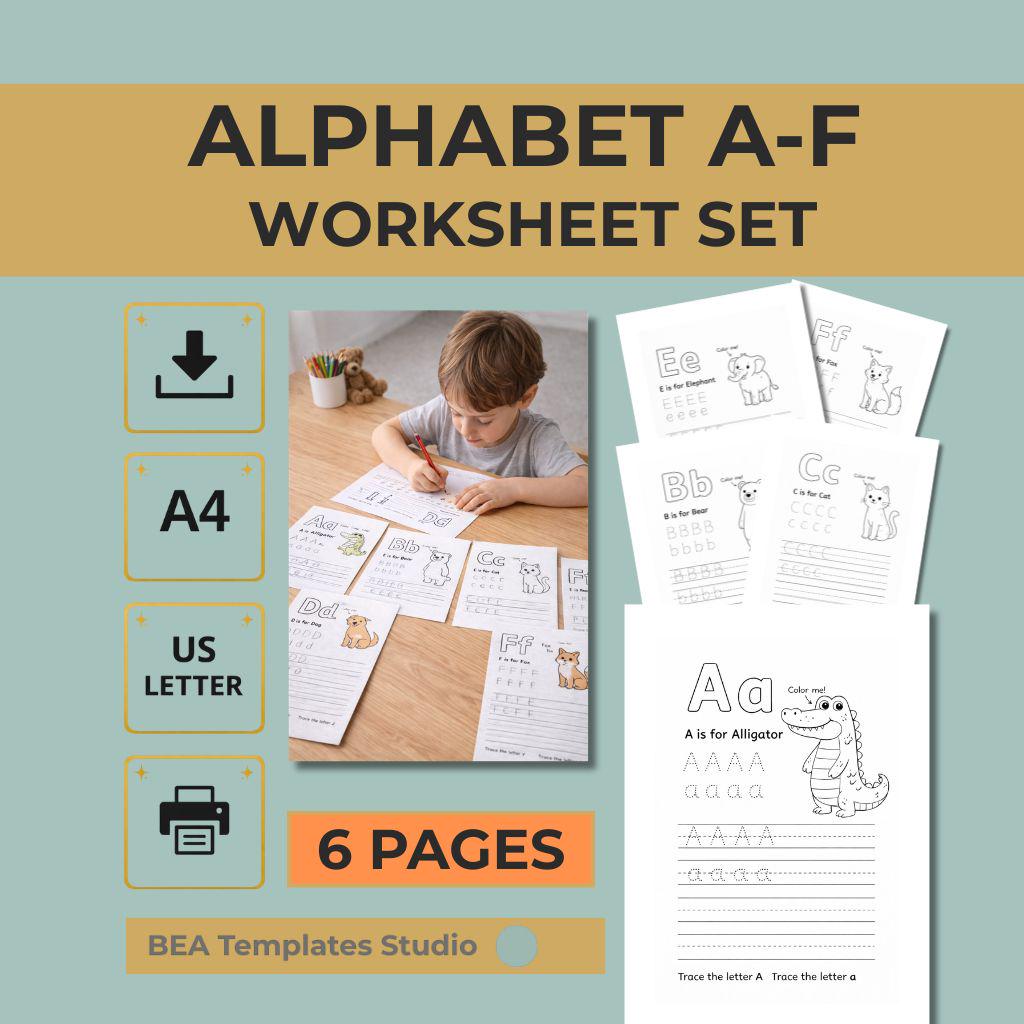 A–F Alphabet Tracing Worksheets, Animal Letter Practice, Preschool Printable PDF