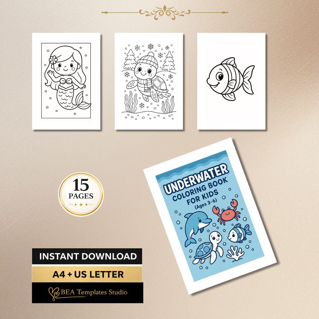 Underwater Animals Coloring Book for Kids 15 Pages Printable PDF