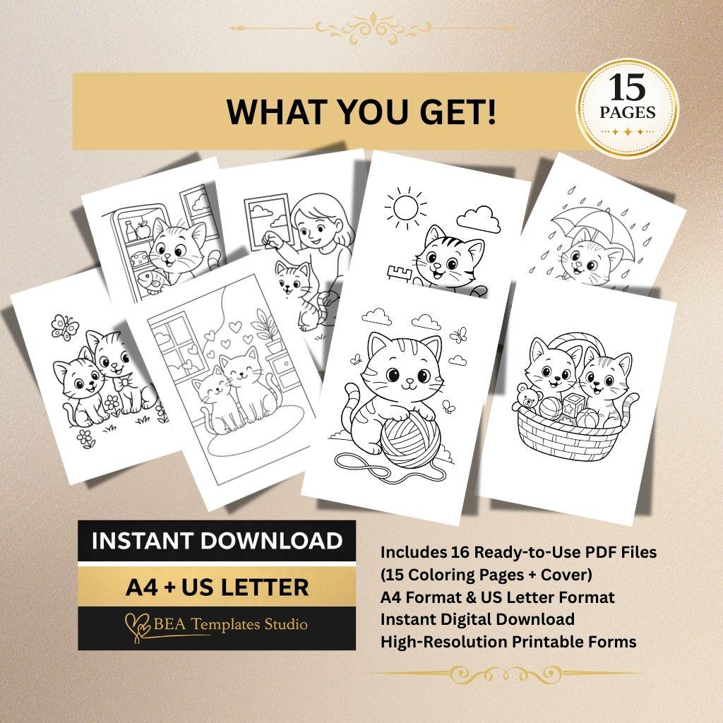 Kawaii Kitten Coloring Book for Kids Ages 3-6 15 Printable Pages PDF Download