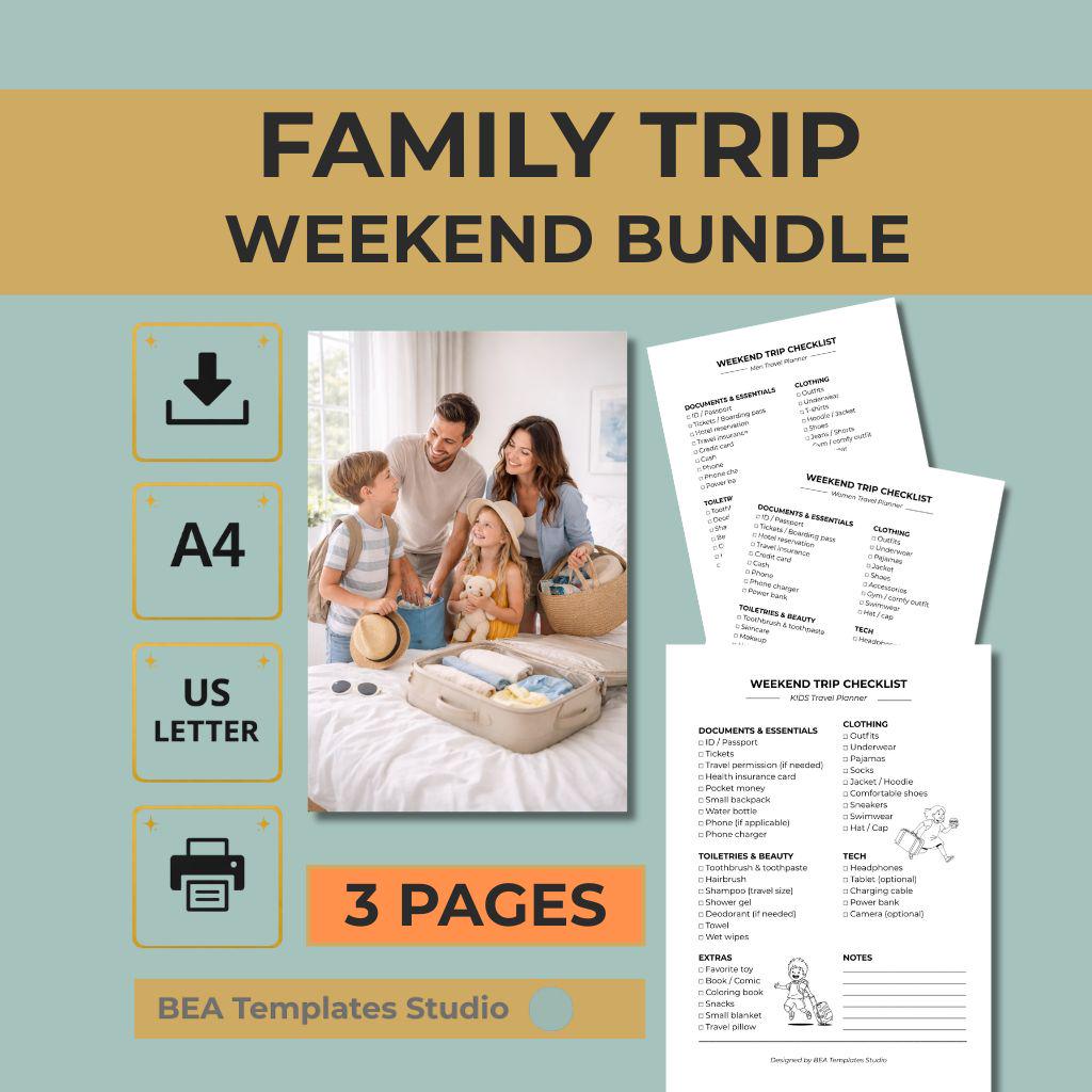 Family Travel Checklist Bundle 3 Packing Lists Weekend Trip Vacation Planner Printable PDF