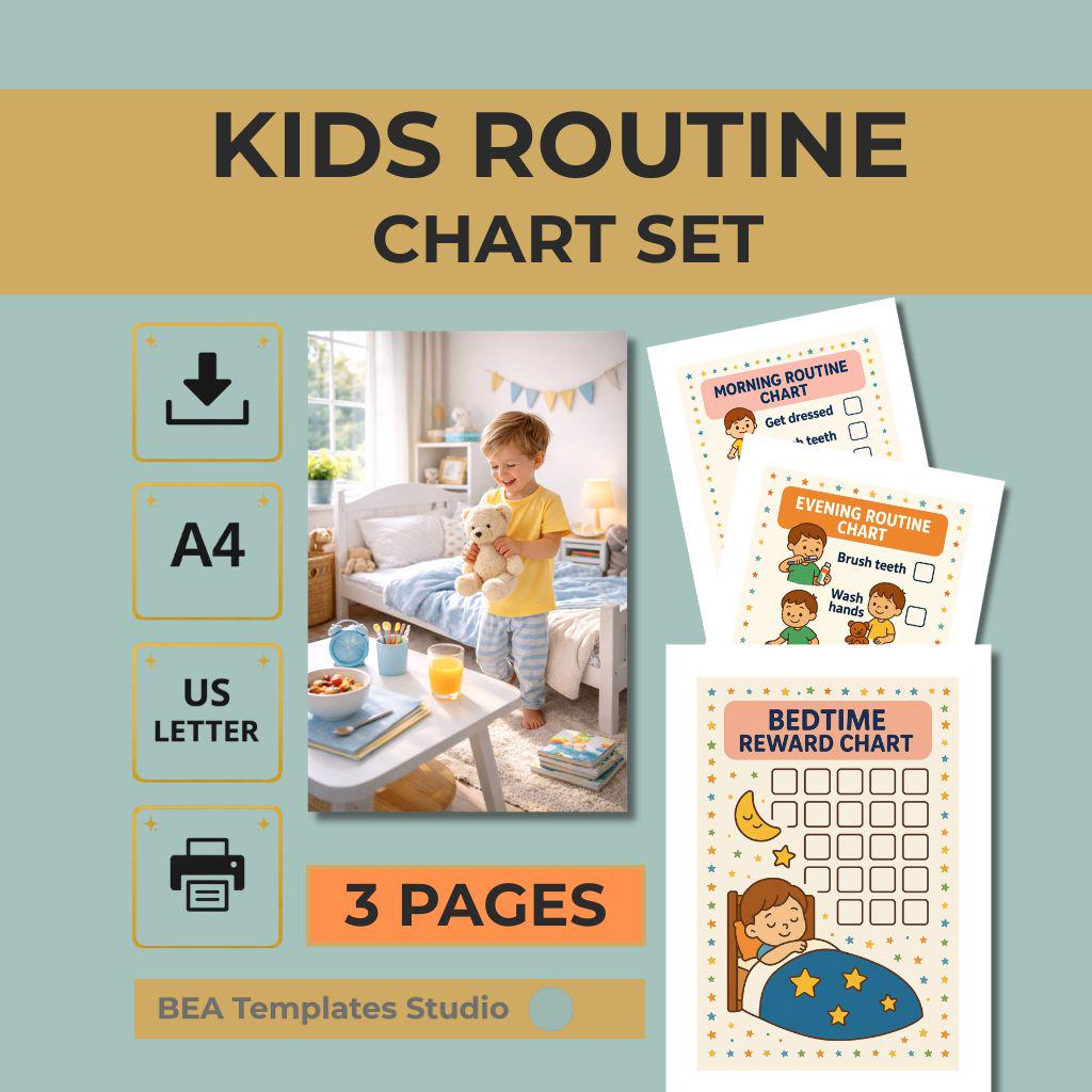 Kids Routine Chart Set Morning Evening Bedtime Printable PDF US Letter A4