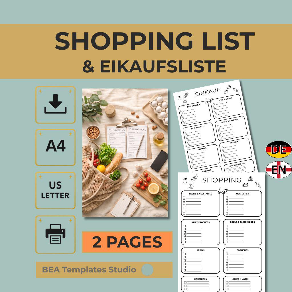 Bilingual Shopping List Printable Minimalist Grocery Organizer PDF