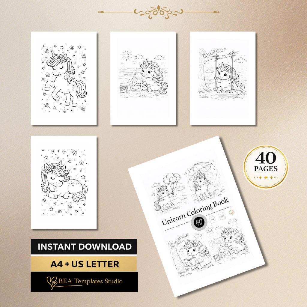 Unicorn Coloring Pages for Kids – 40 Printable Activity Sheets (PDF)