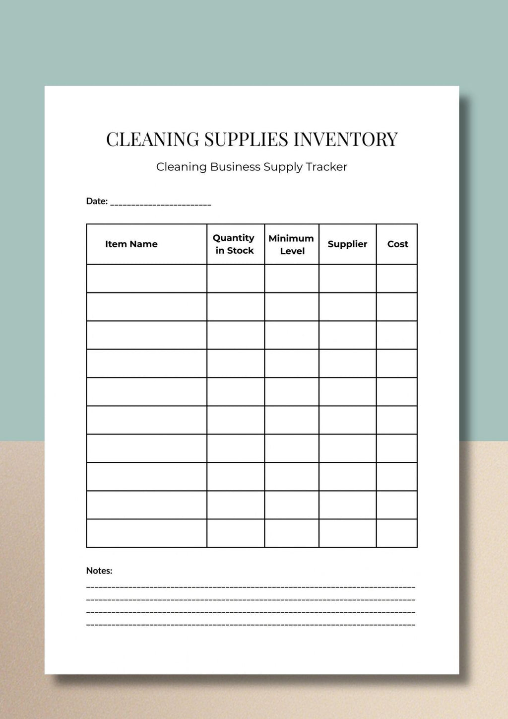 Cleaning Supplies Inventory Tracker, Janitorial Stock Organizer (PDF Download)