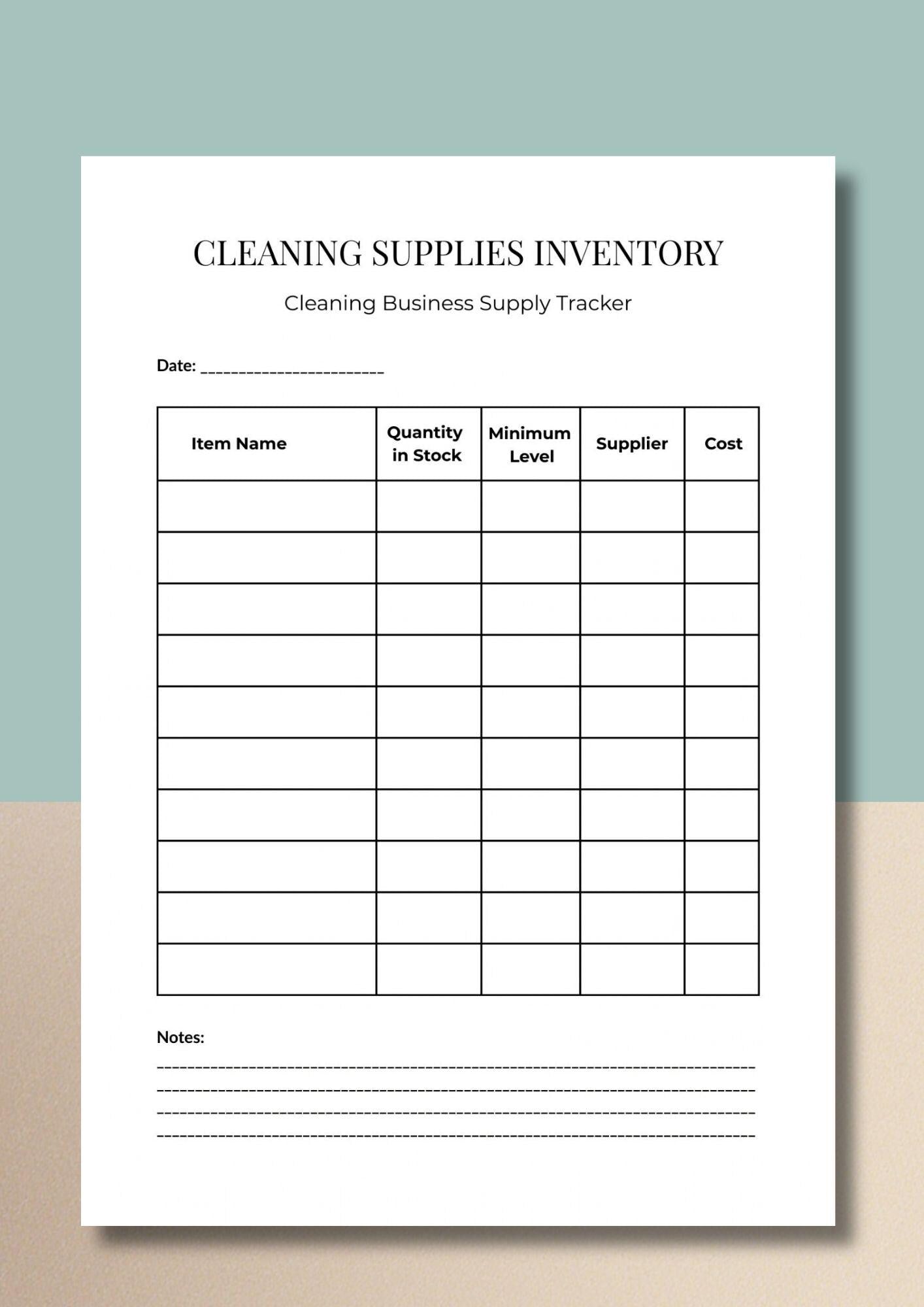 Cleaning Supplies Inventory Tracker, Janitorial Stock Organizer (PDF Download)