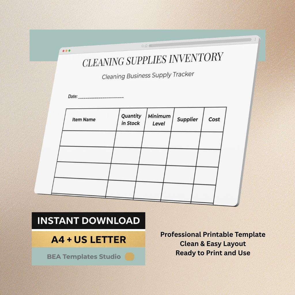 Cleaning Supplies Inventory Tracker, Janitorial Stock Organizer (PDF Download)
