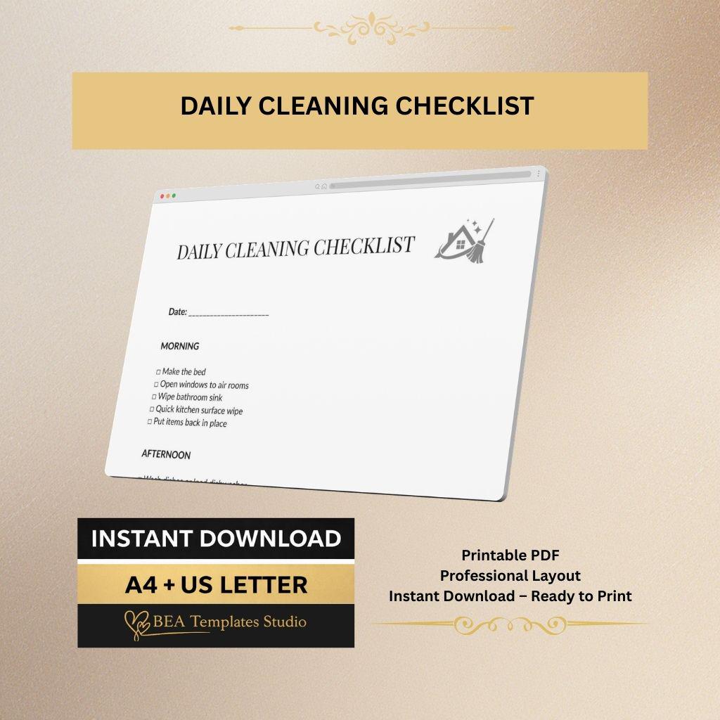 Daily Cleaning Checklist, House Cleaning Planner, Chore List A4 US Letter