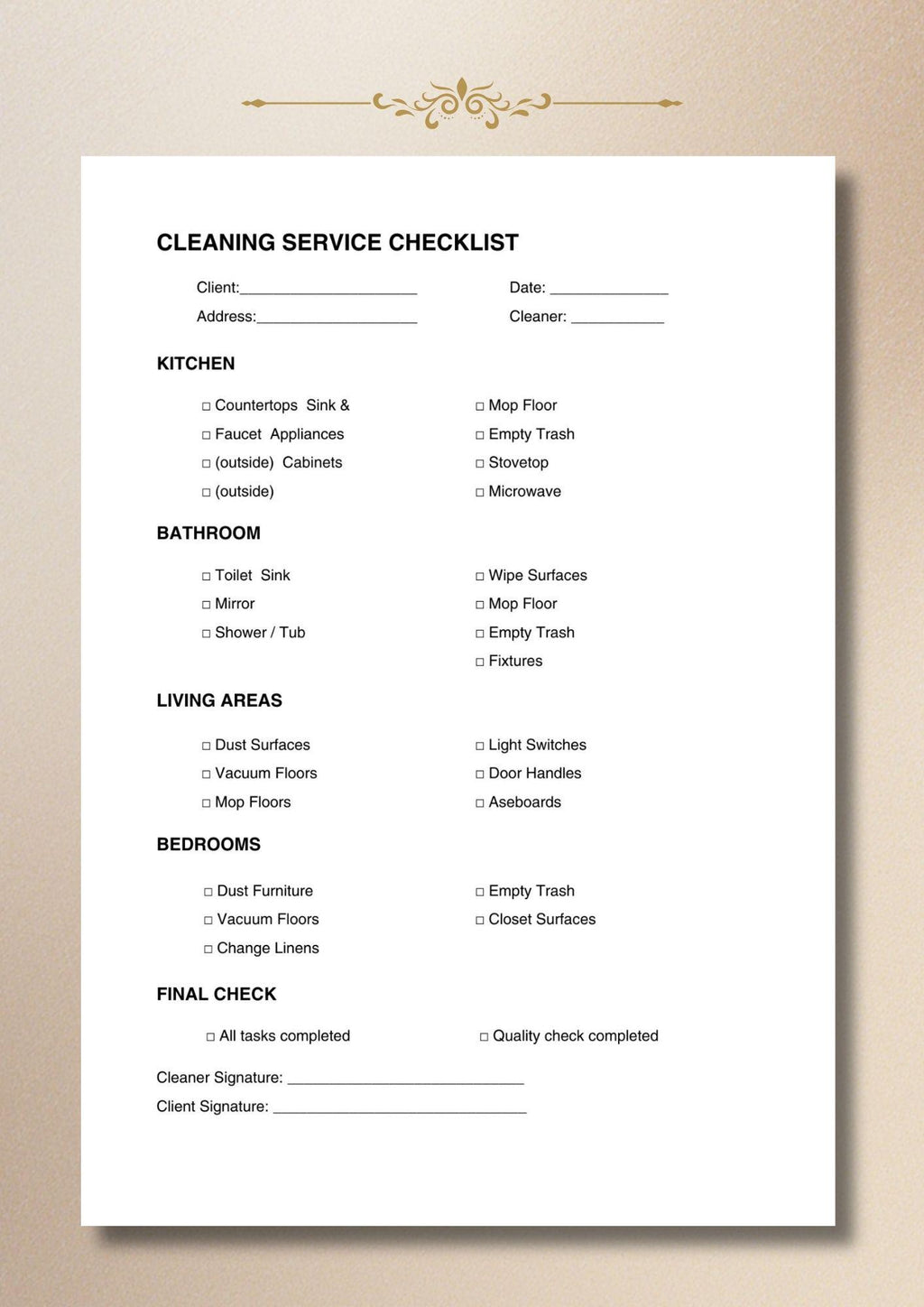 Cleaning Checklist Service Task List House Office Organizer Business Form A4 US Letter