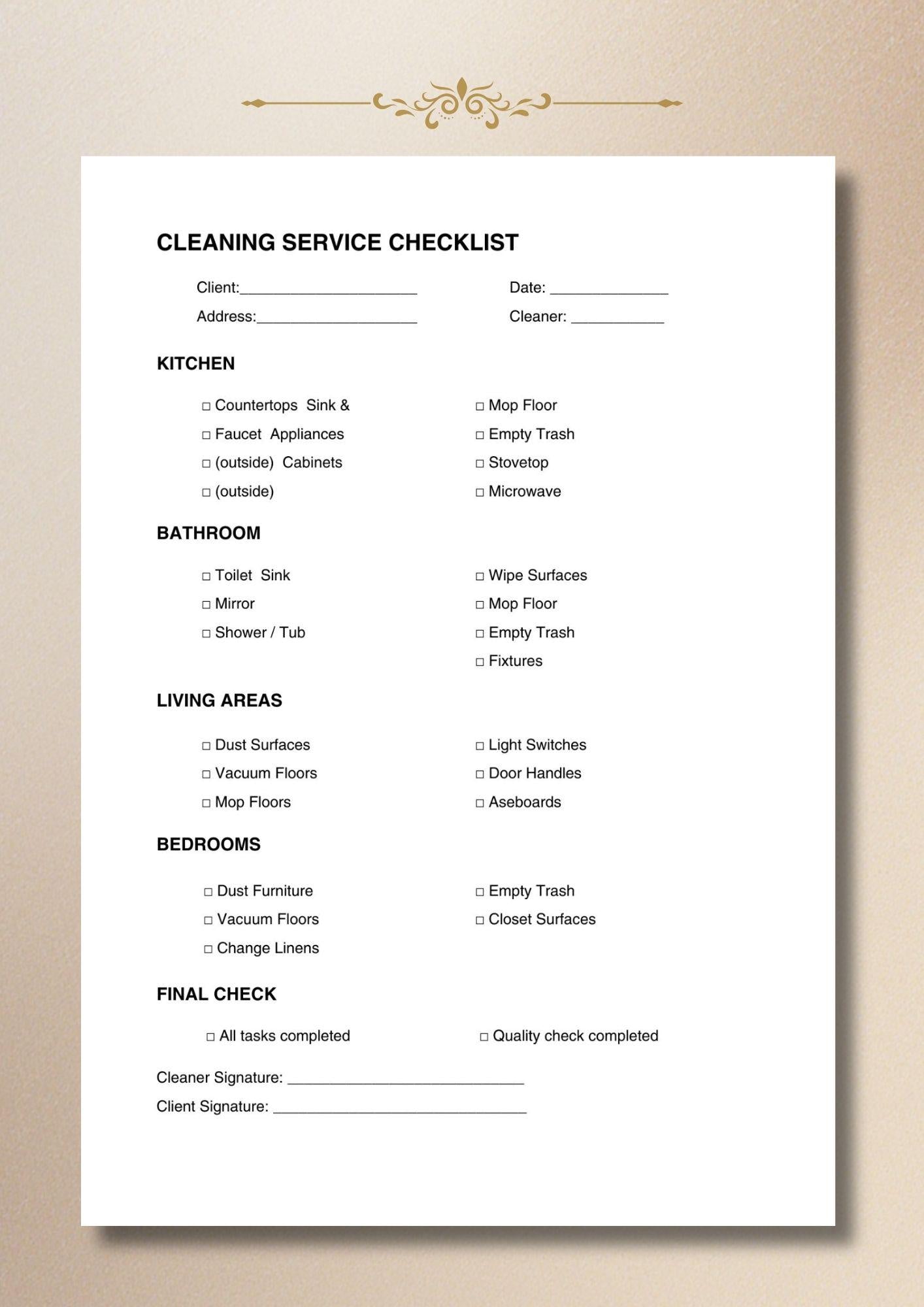 Cleaning Checklist Service Task List House Office Organizer Business Form A4 US Letter