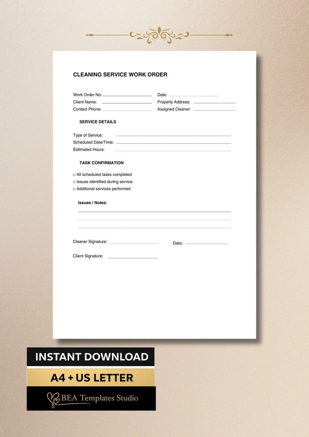 Cleaning Work Order Service Job Sheet Business Form House Office Template A4 US Letter