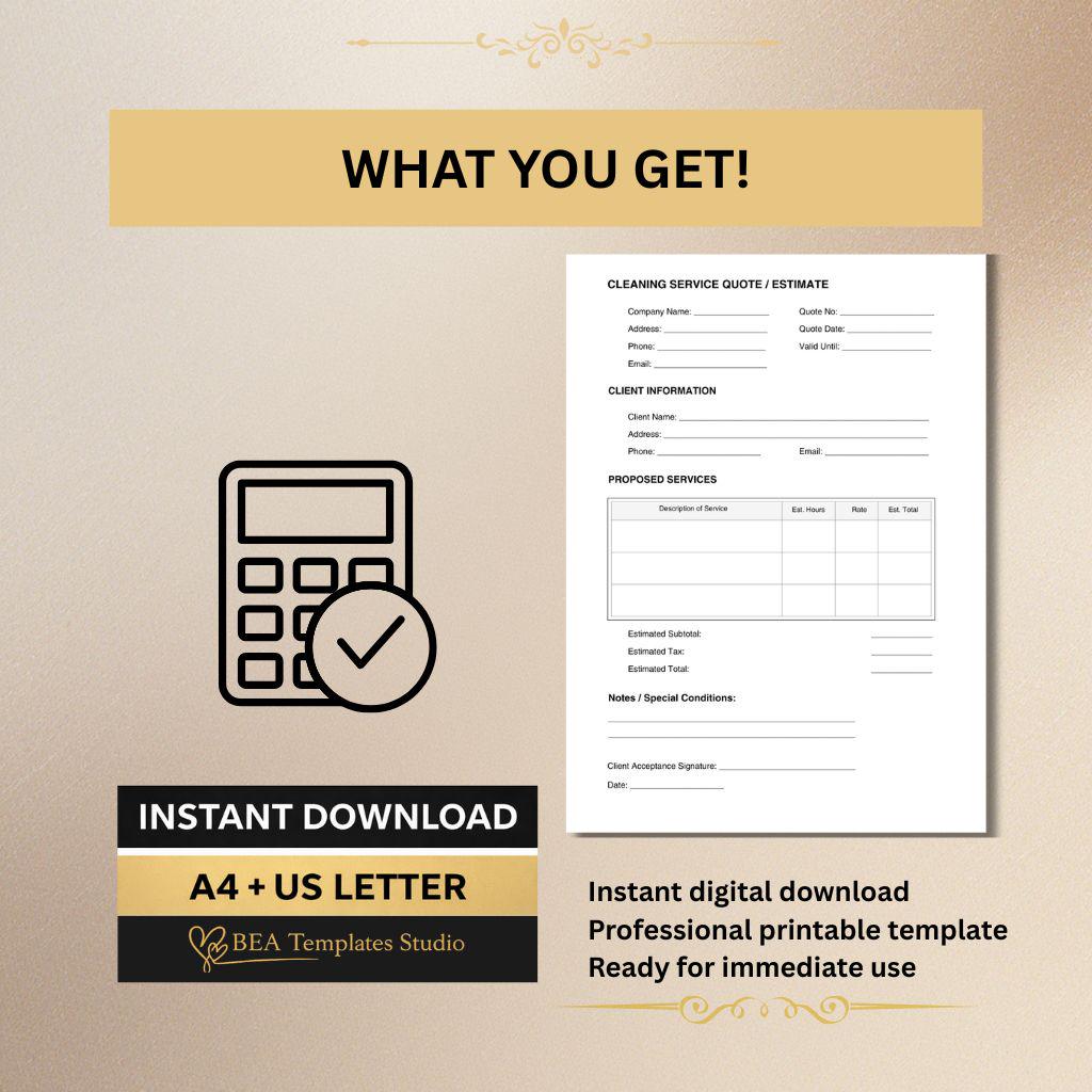 Cleaning Quote Template Service Estimate Form Pricing Sheet Business Proposal A4 US Letter