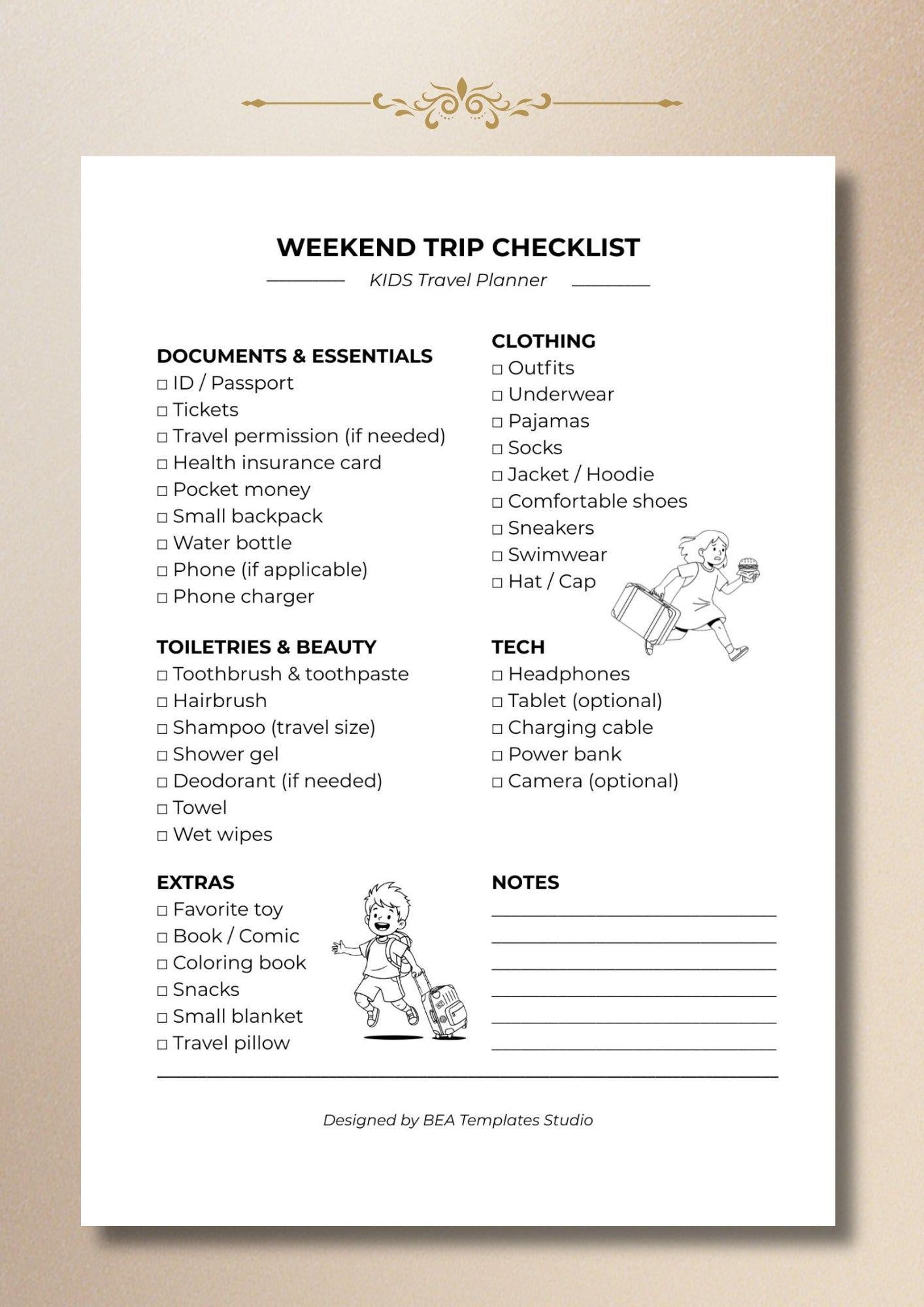 Kids Travel Checklist Packing List Family Weekend Trip Planner Printable PDF A4 US Letter
