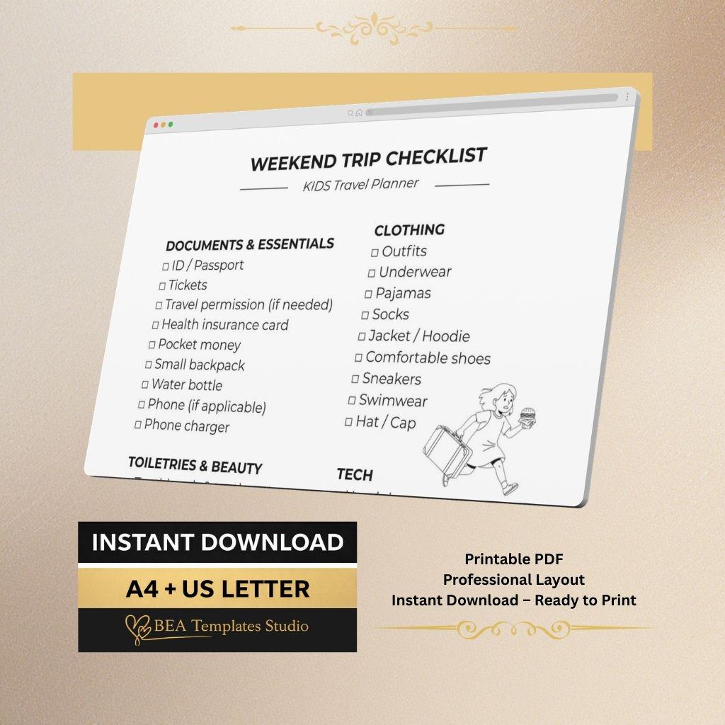 Kids Travel Checklist Packing List Family Weekend Trip Planner Printable PDF A4 US Letter