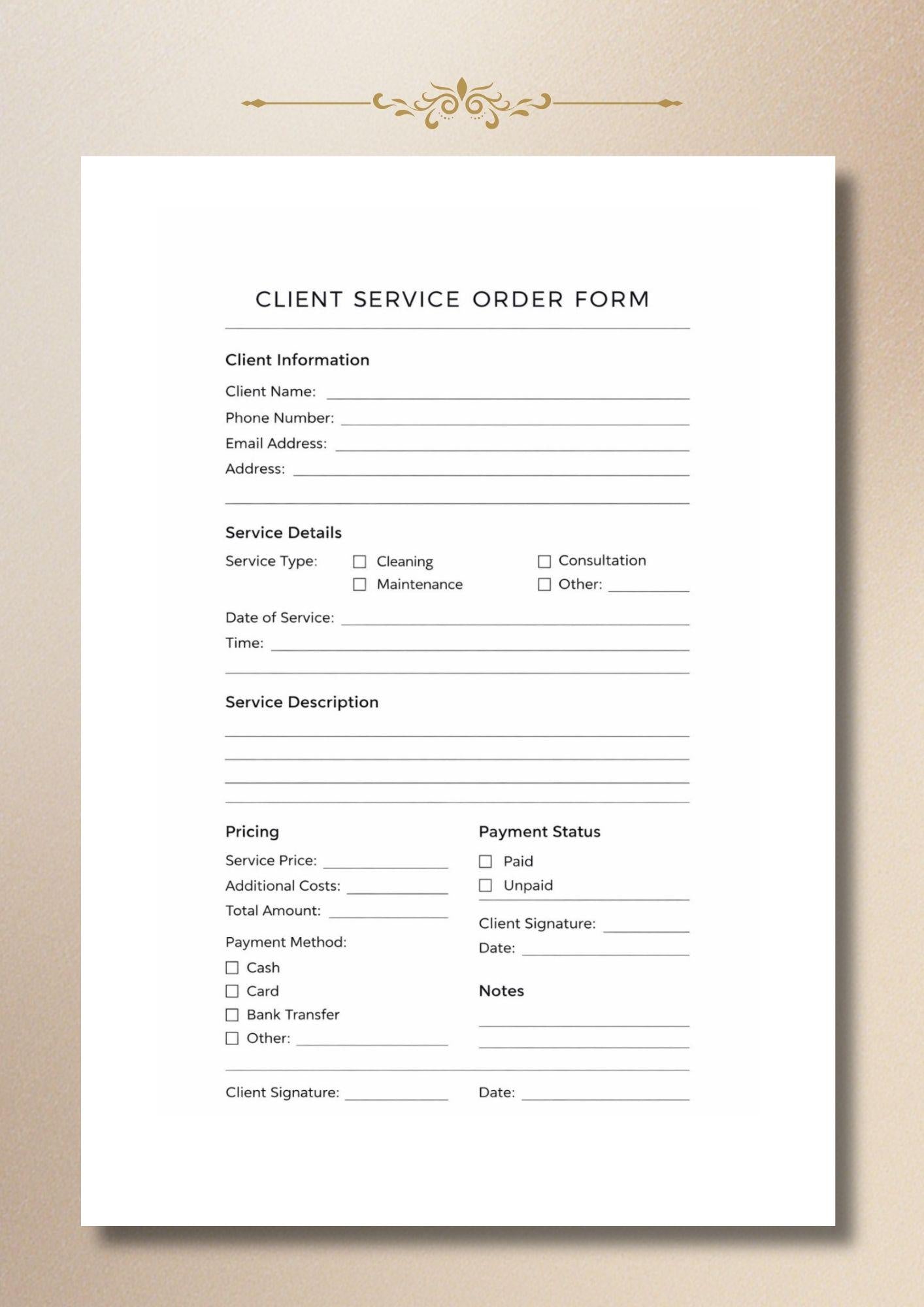 Client Service Order Form, Small Business Template (A4, US Letter)