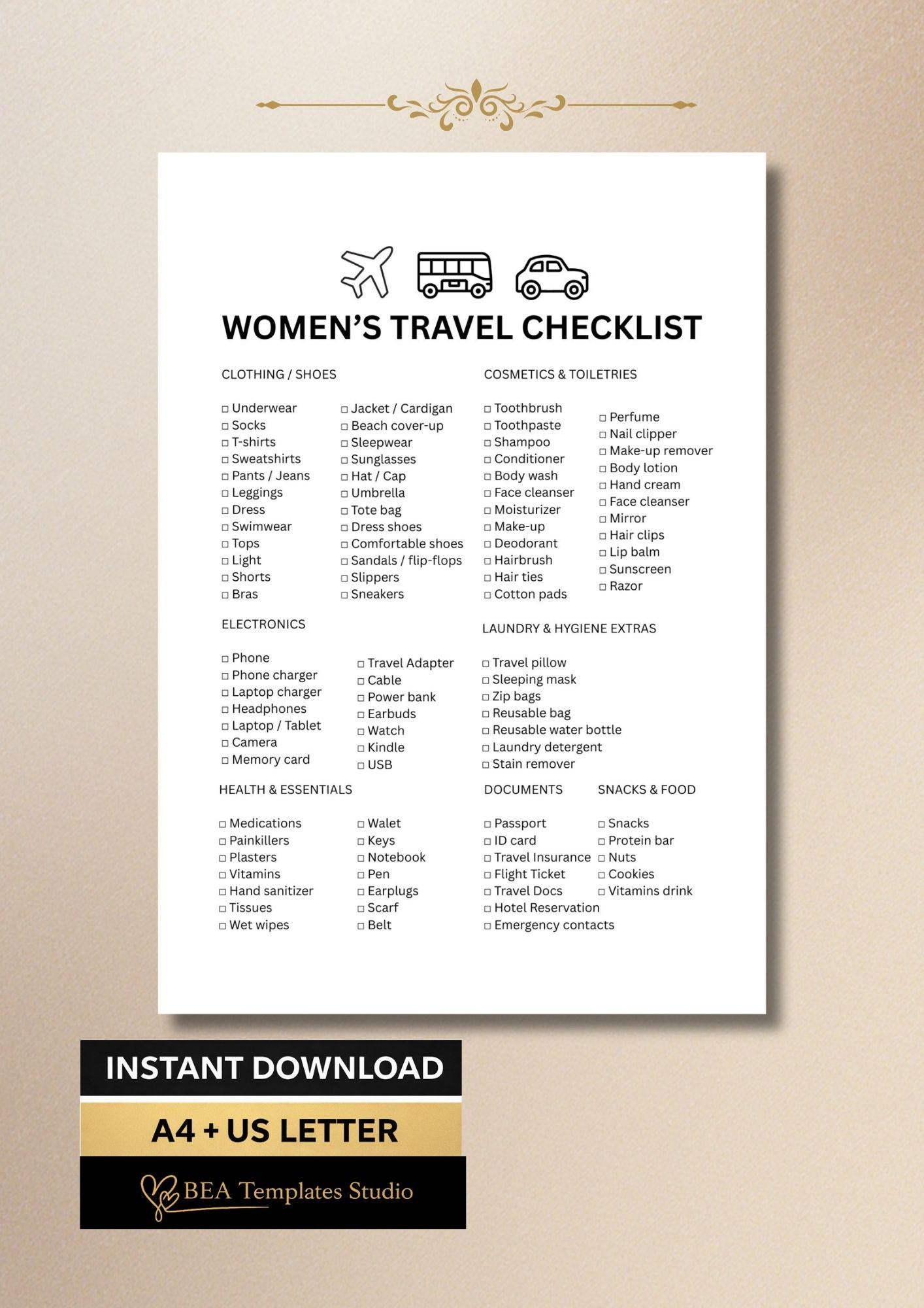 Travel Packing List Printable, Vacation Checklist PDF, Women Trip Planner A4 US Letter