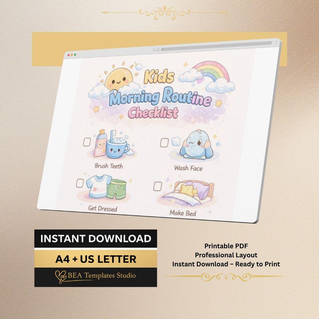 Kids Morning Routine Checklist Printable Daily Schedule Chart English PDF A4 US Letter