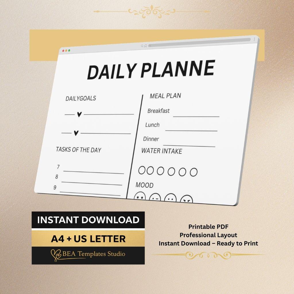 Minimalist Daily Planner Printable Meal and Water Tracker PDF US Letter A4