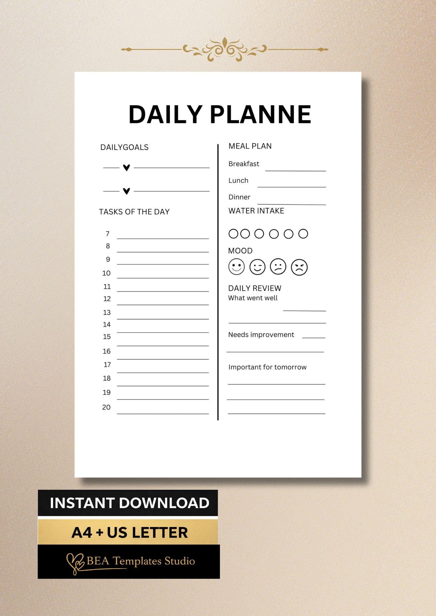 Minimalist Daily Planner Printable Meal and Water Tracker PDF US Letter A4