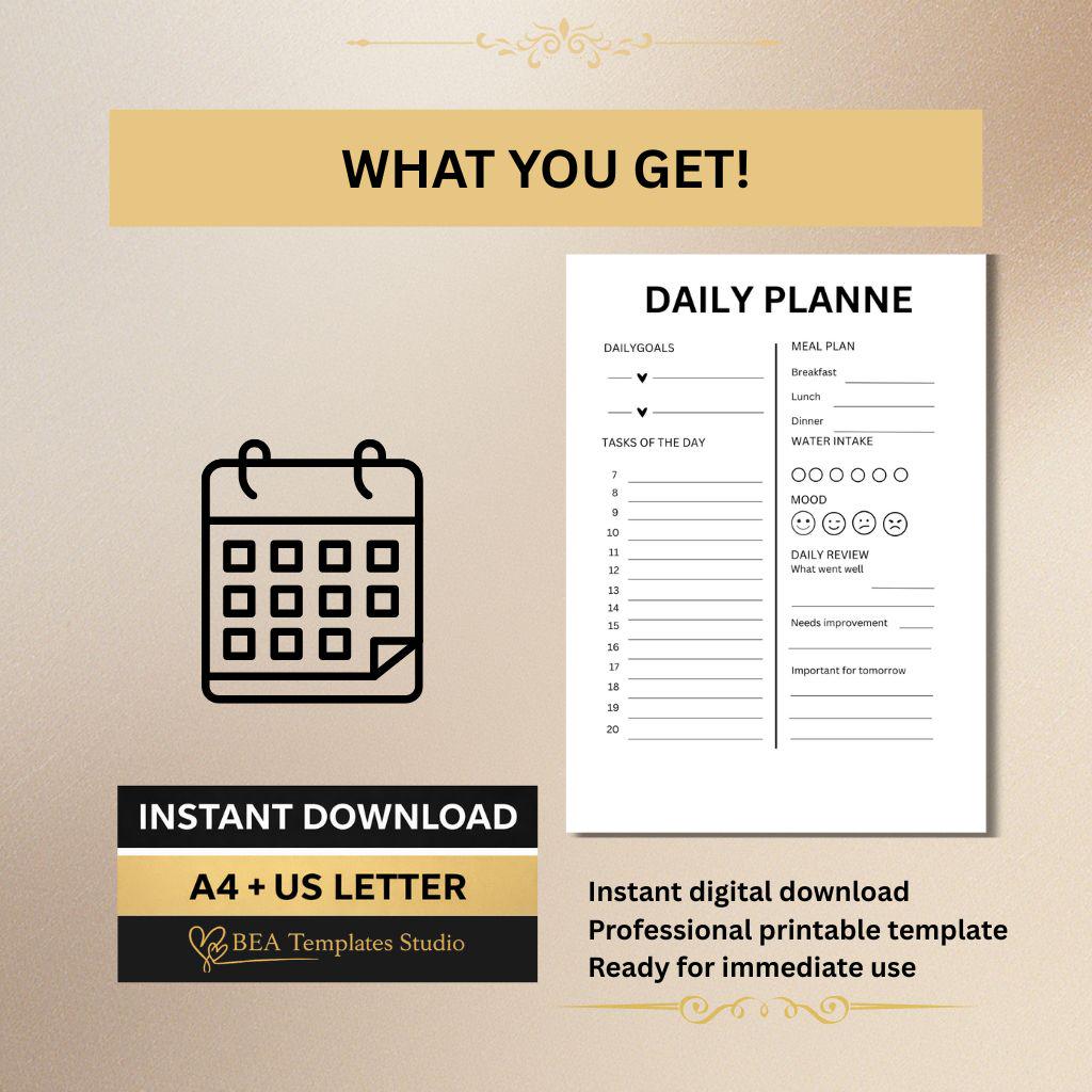 Minimalist Daily Planner Printable Meal and Water Tracker PDF US Letter A4