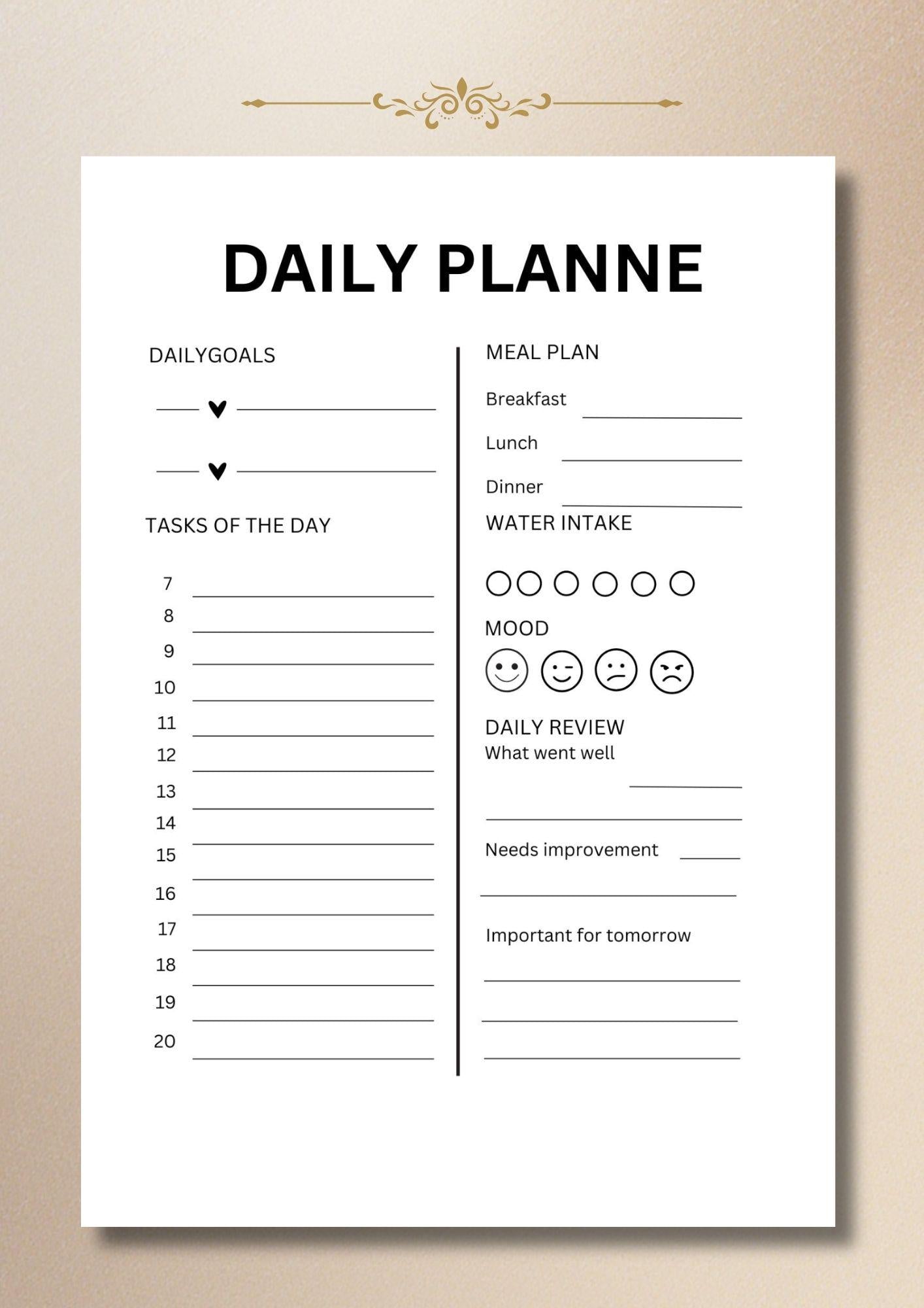 Minimalist Daily Planner Printable Meal and Water Tracker PDF US Letter A4