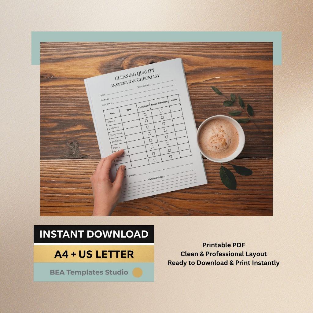 Cleaning Inspection Printable PDF, Housekeeping Audit Form, Business Quality Control Sheet A4 US Letter