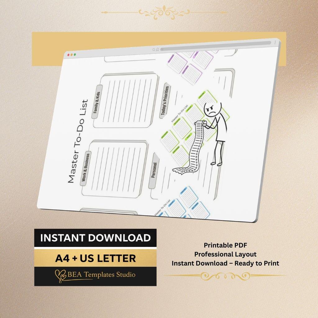 Master To Do List Printable PDF 4 Color Versions Minimal Planner A4 US Letter