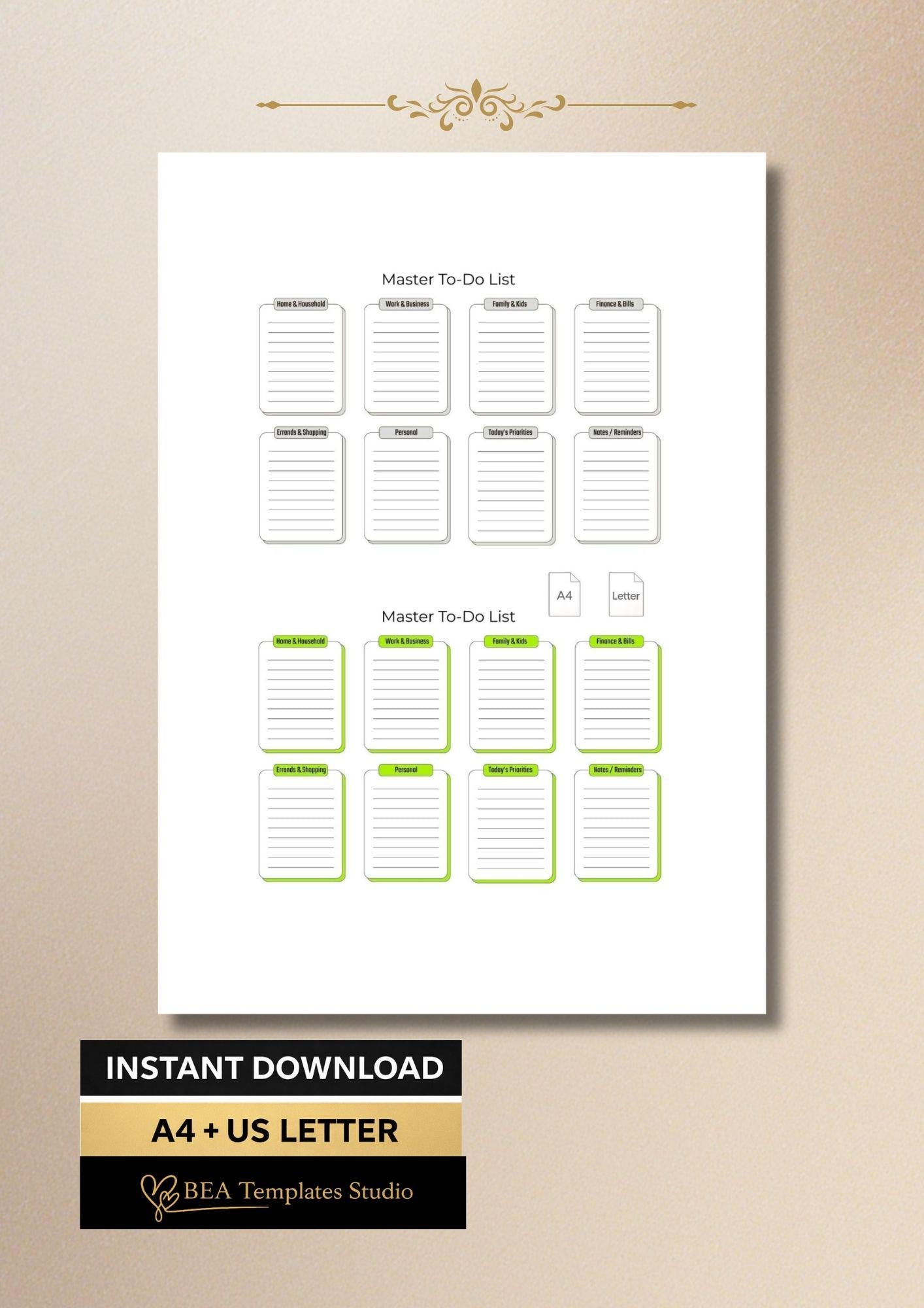 Master To Do List Printable PDF 4 Color Versions Minimal Planner A4 US Letter