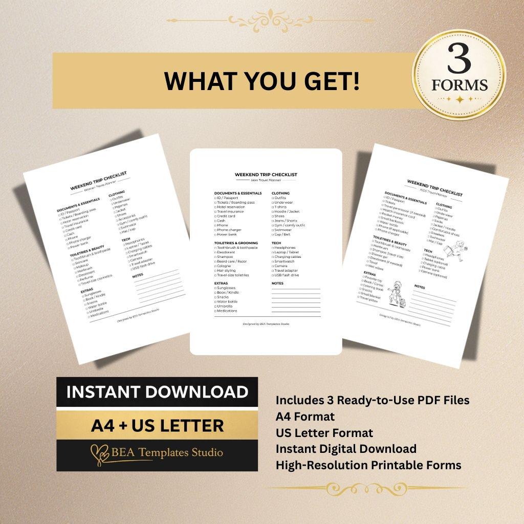 Family Travel Checklist Bundle 3 Packing Lists Weekend Trip Vacation Planner Printable PDF