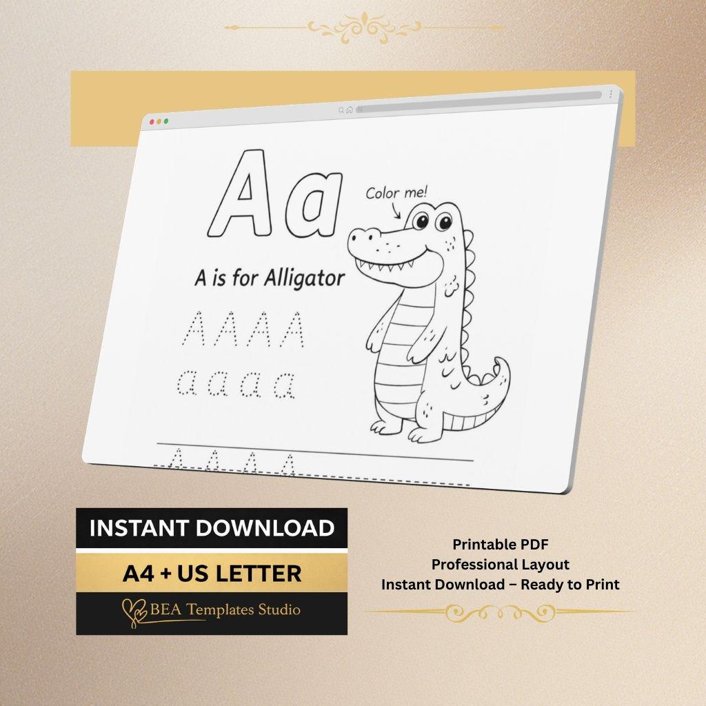 A–F Alphabet Tracing Worksheets, Animal Letter Practice, Preschool Printable PDF