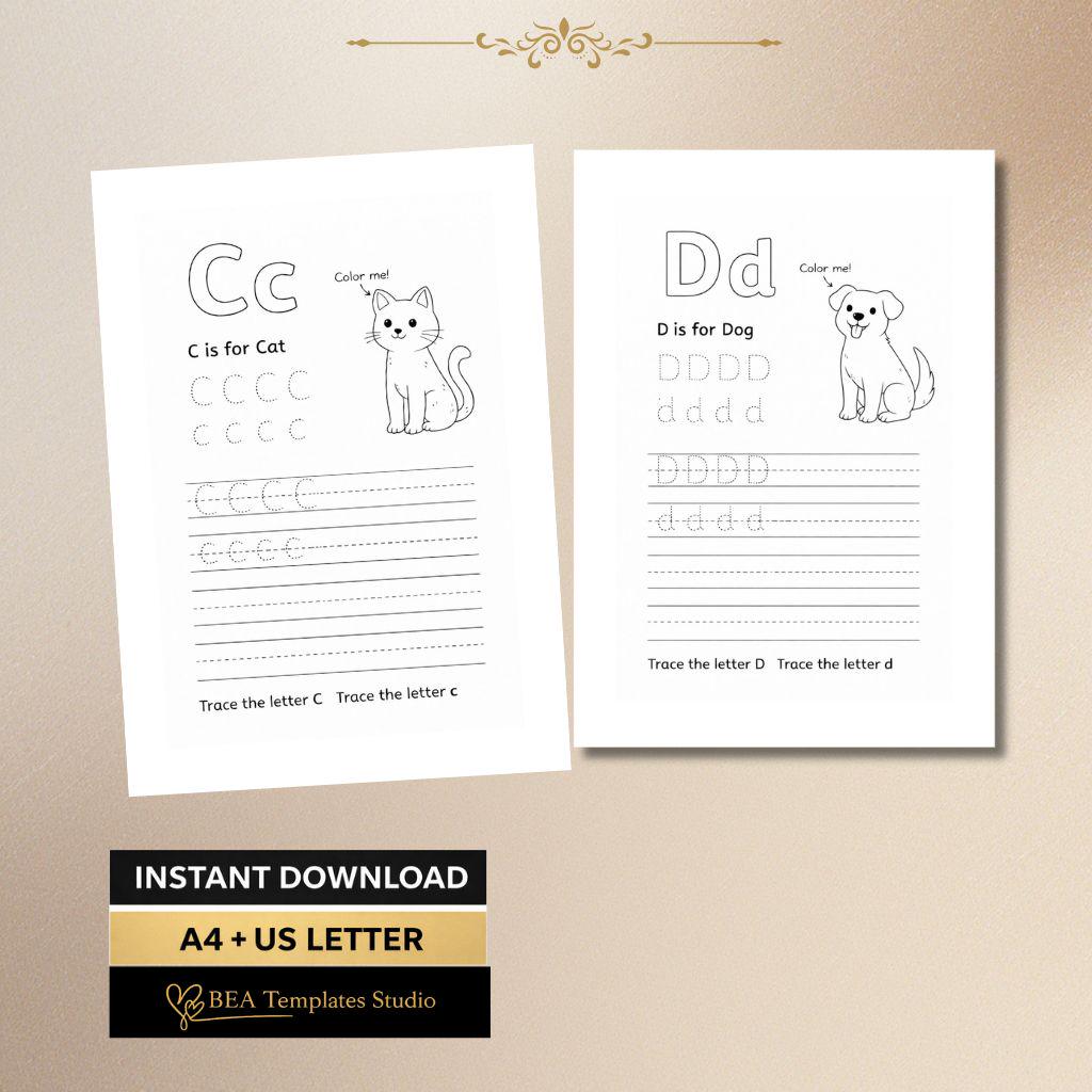 A–F Alphabet Tracing Worksheets, Animal Letter Practice, Preschool Printable PDF
