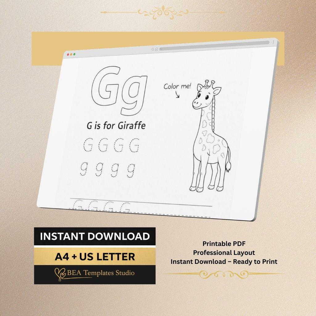 G–L Alphabet Tracing Worksheets, Animal Letter Handwriting Practice Printable for Preschool, Instant Download PDF