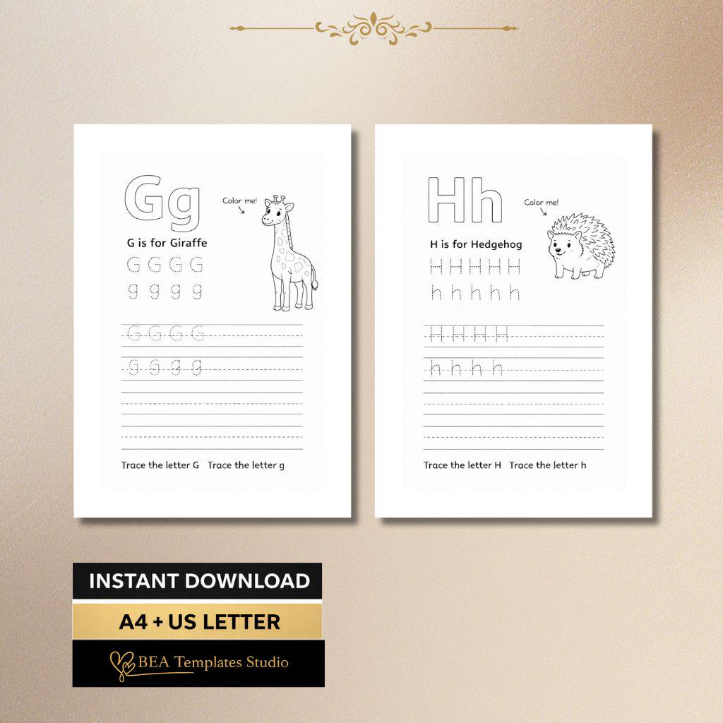 G–L Alphabet Tracing Worksheets, Animal Letter Handwriting Practice Printable for Preschool, Instant Download PDF