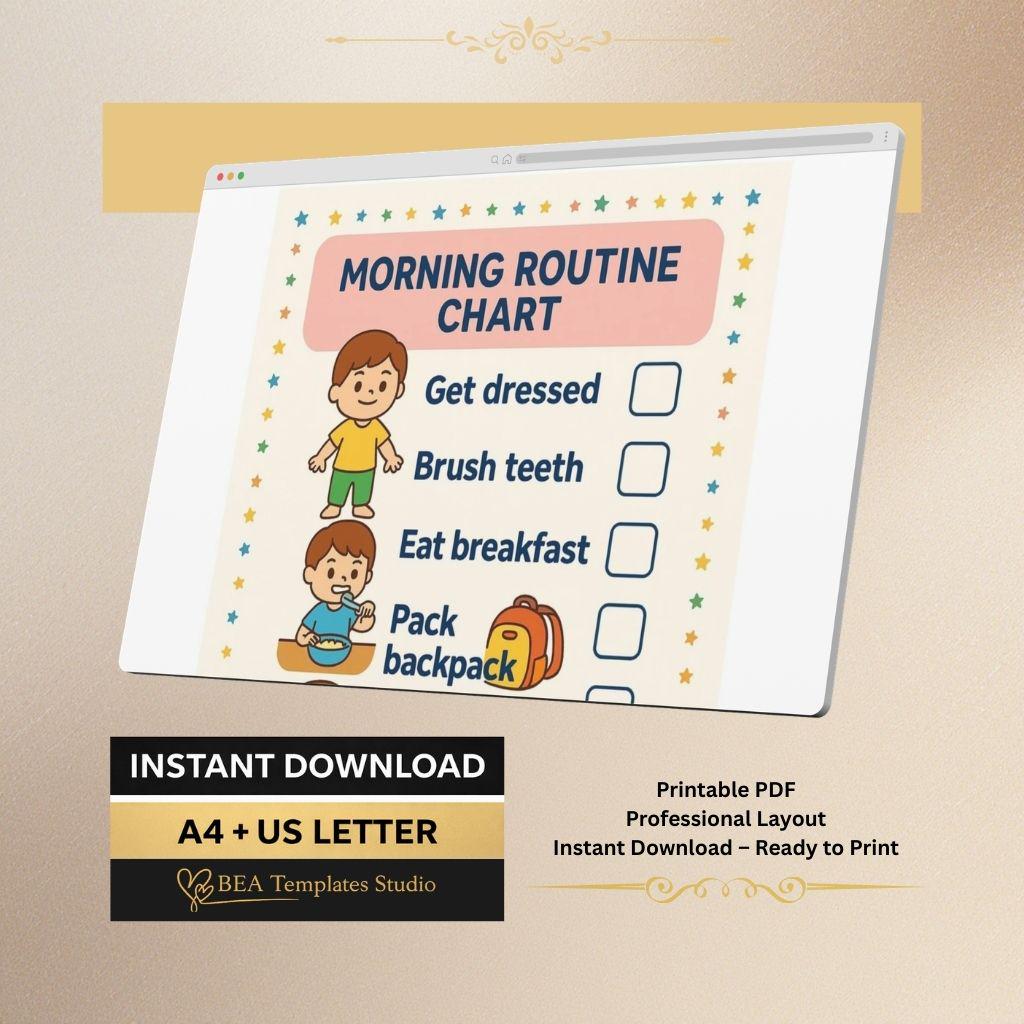 Kids Routine Chart Set Morning Evening Bedtime Printable PDF US Letter A4