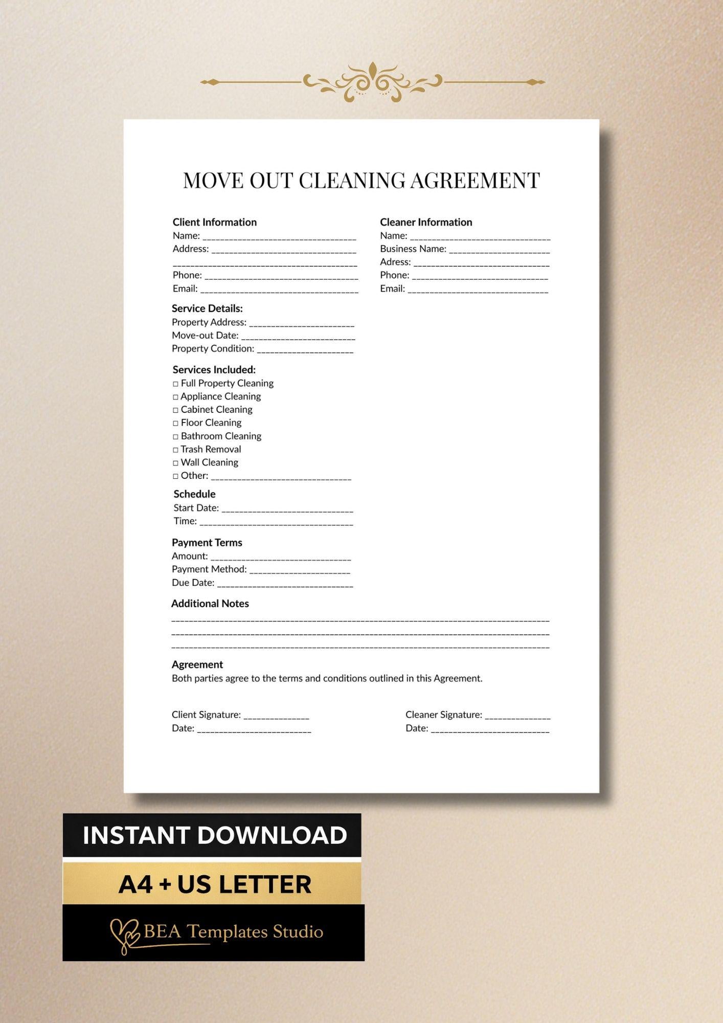 Move Out Cleaning Agreement Template, Tenant Contract, Cleaning Business Service Form (Digital Download)