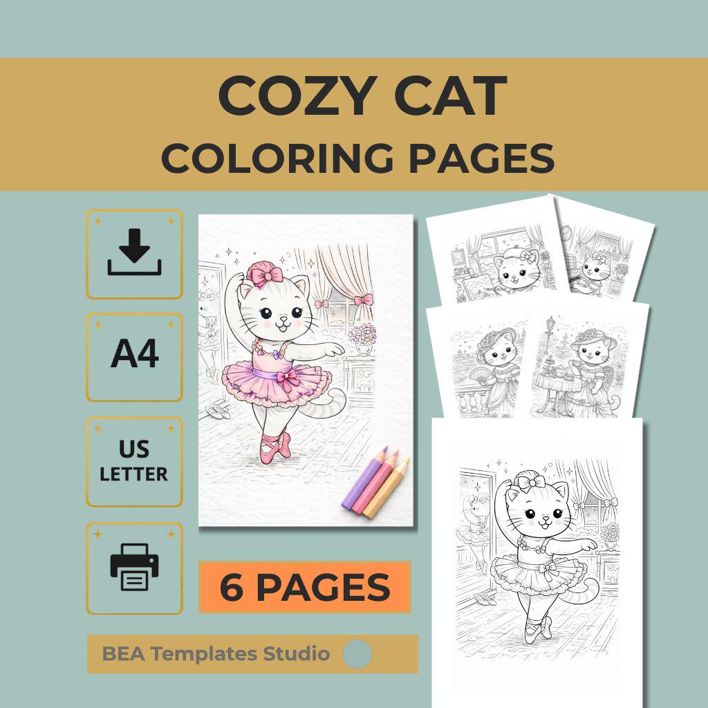 Vintage Cat Coloring Pages Printable PDF 6 Elegant Designs A4 US Letter