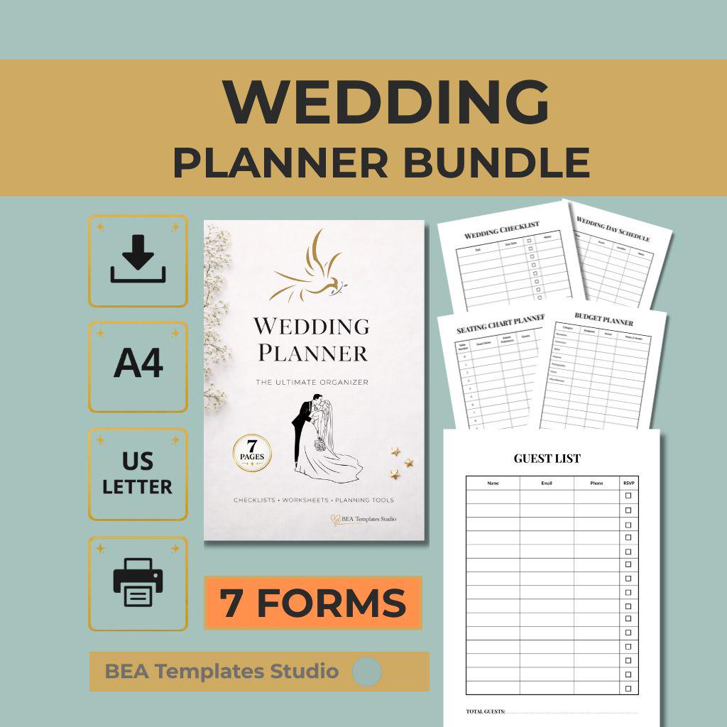 Wedding Planner Bundle, 7 Page Bridal Organizer, Checklist Budget Guest List Template A4 US Letter