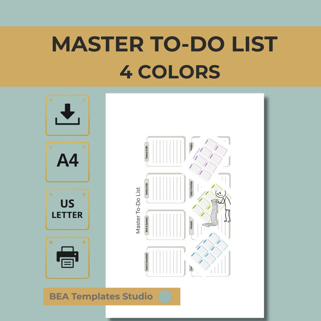 Master To Do List Printable PDF 4 Color Versions Minimal Planner A4 US Letter