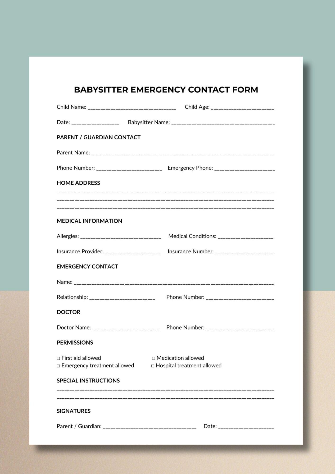 Babysitter Emergency Contact Form, Child Medical Sheet (Printable PDF)