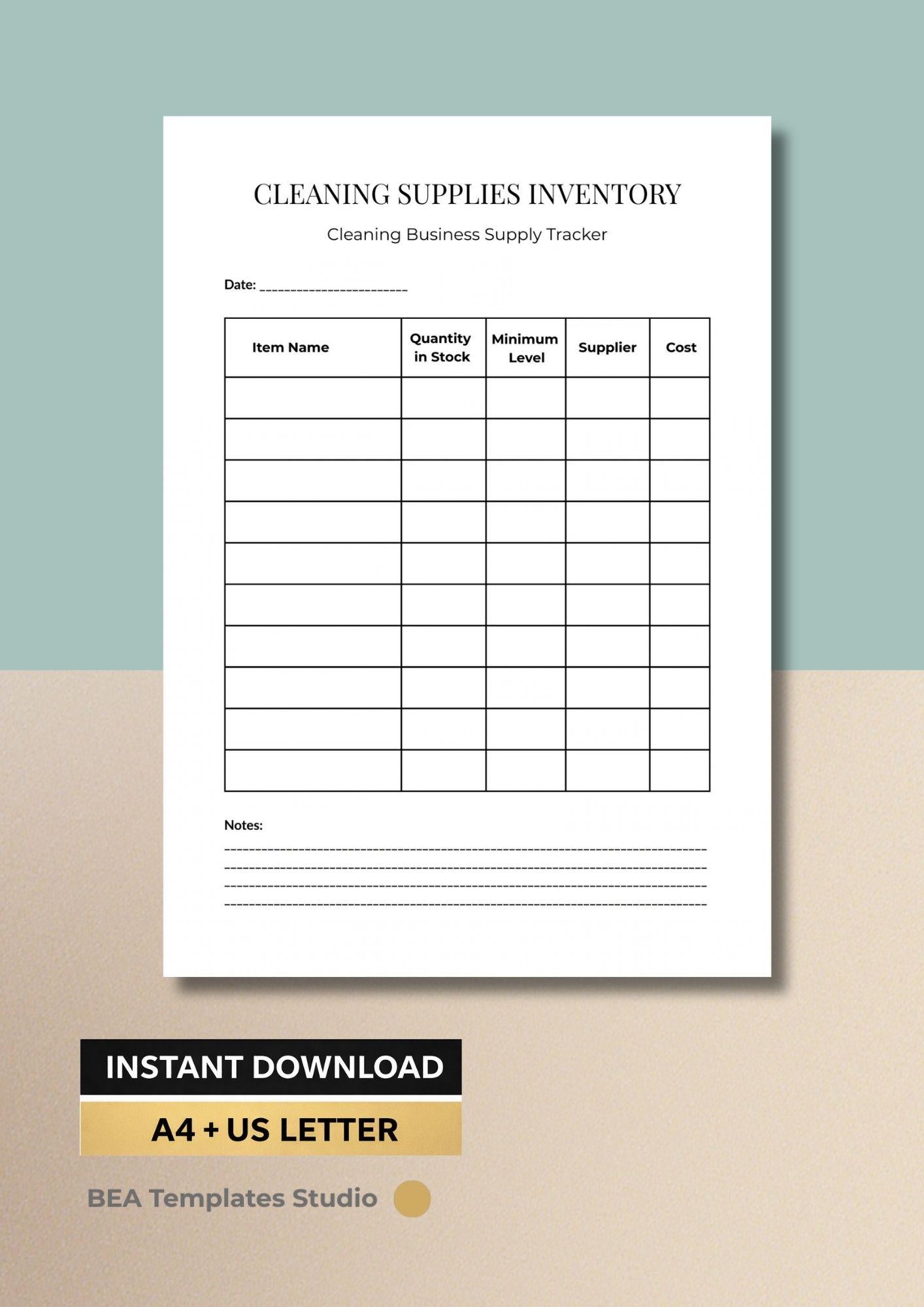 Cleaning Supplies Inventory Tracker, Janitorial Stock Organizer (PDF Download)