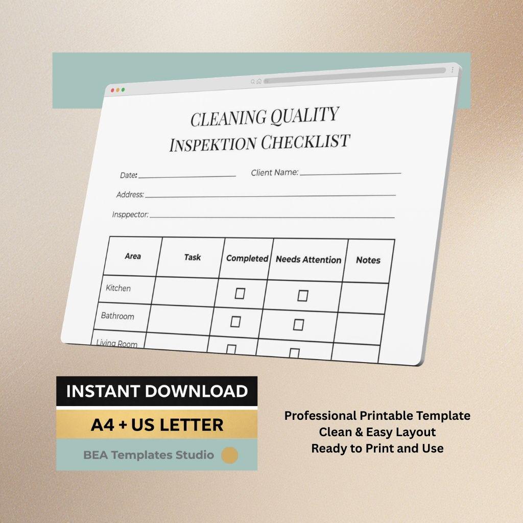 Cleaning Inspection Printable PDF, Housekeeping Audit Form, Business Quality Control Sheet A4 US Letter