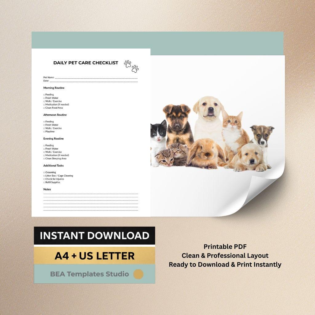 Daily Pet Care Checklist, Routine Planner, Animal Schedule, Printable PDF, Instant Download