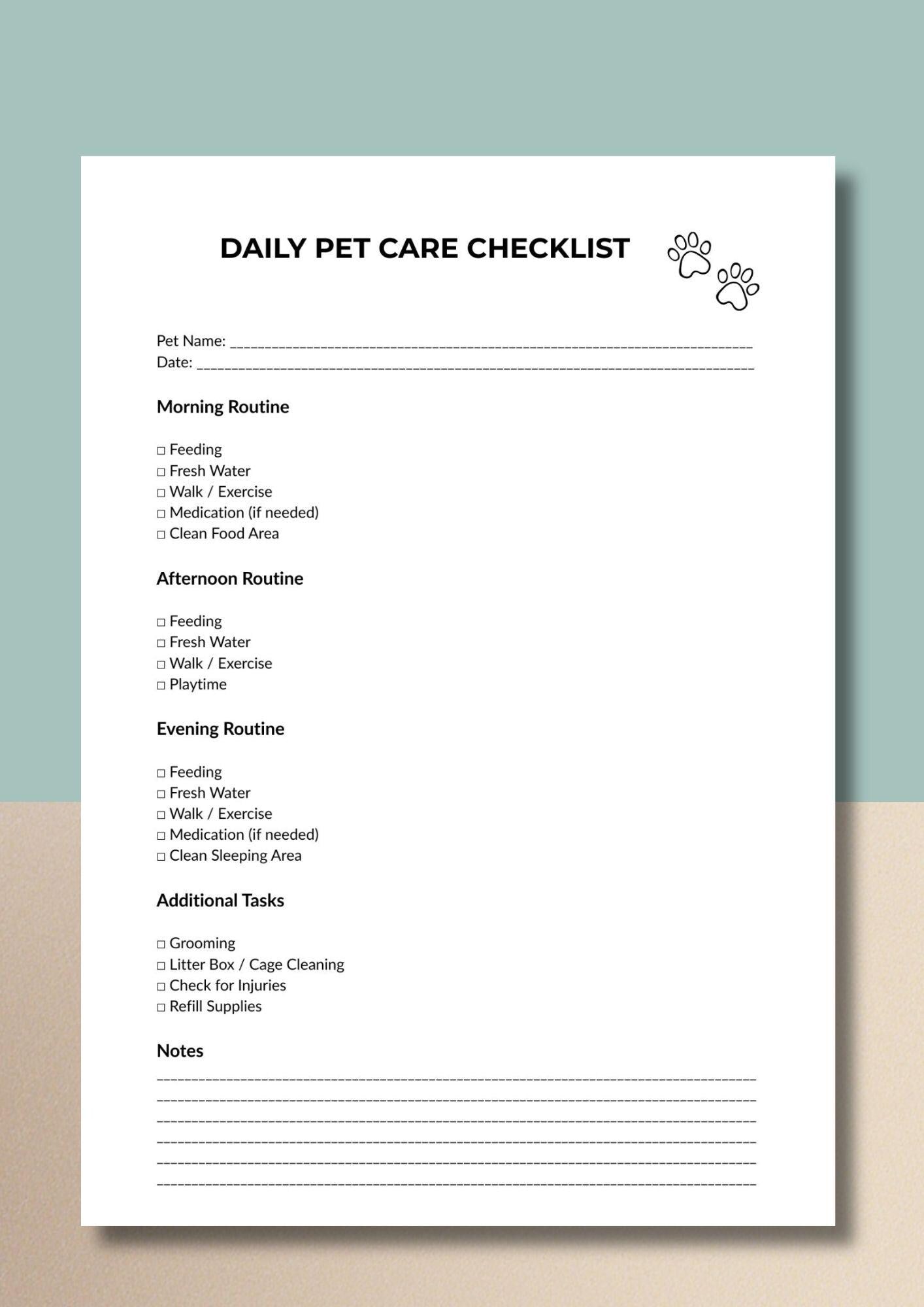 Daily Pet Care Checklist, Routine Planner, Animal Schedule, Printable PDF, Instant Download