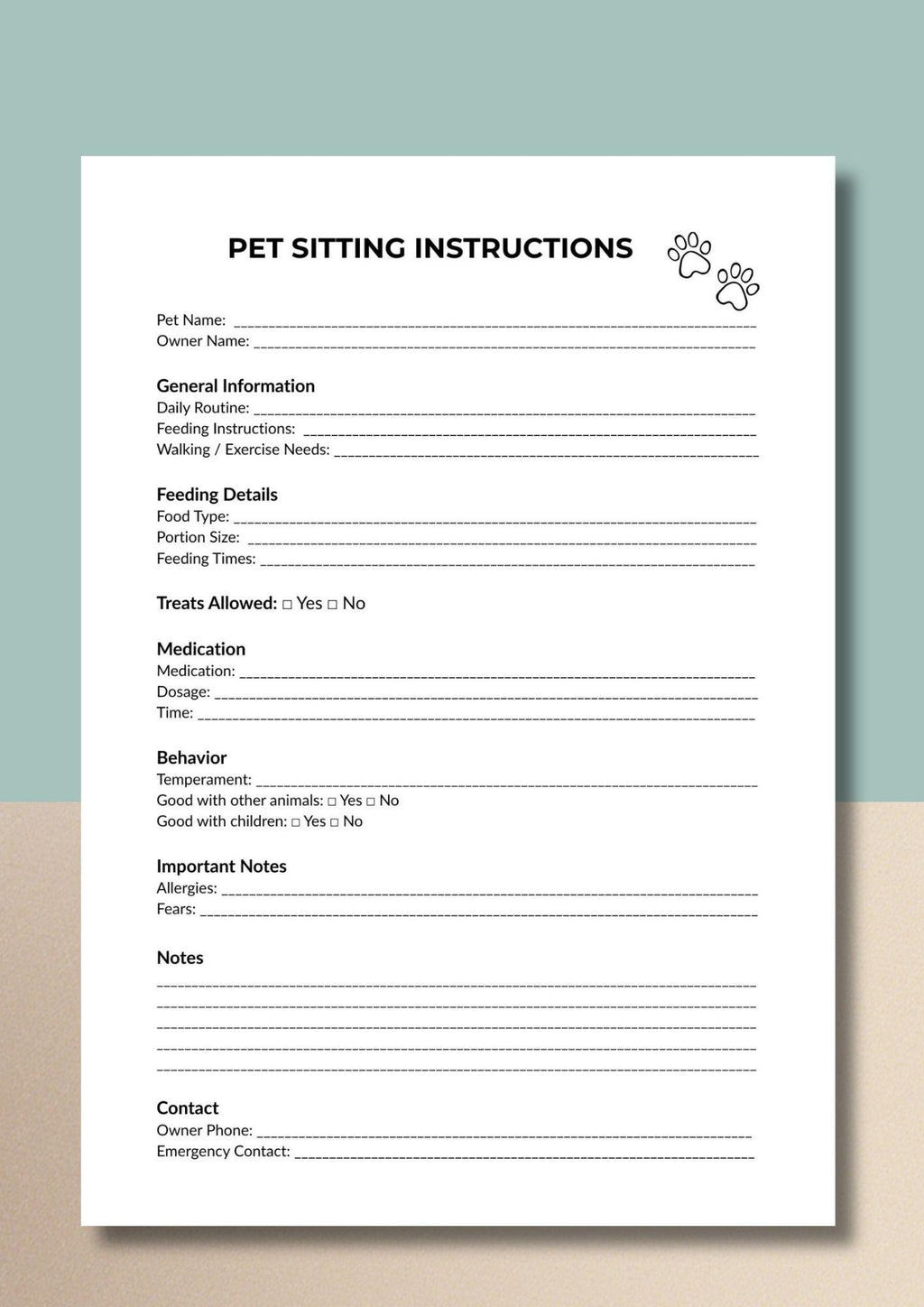 Pet Sitting Instructions Template, Care Checklist, Animal Form (PDF Download)