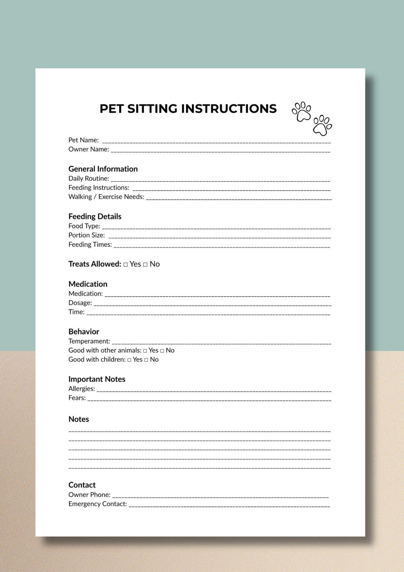 Pet Sitting Instructions Template, Care Checklist, Animal Form (PDF Download)