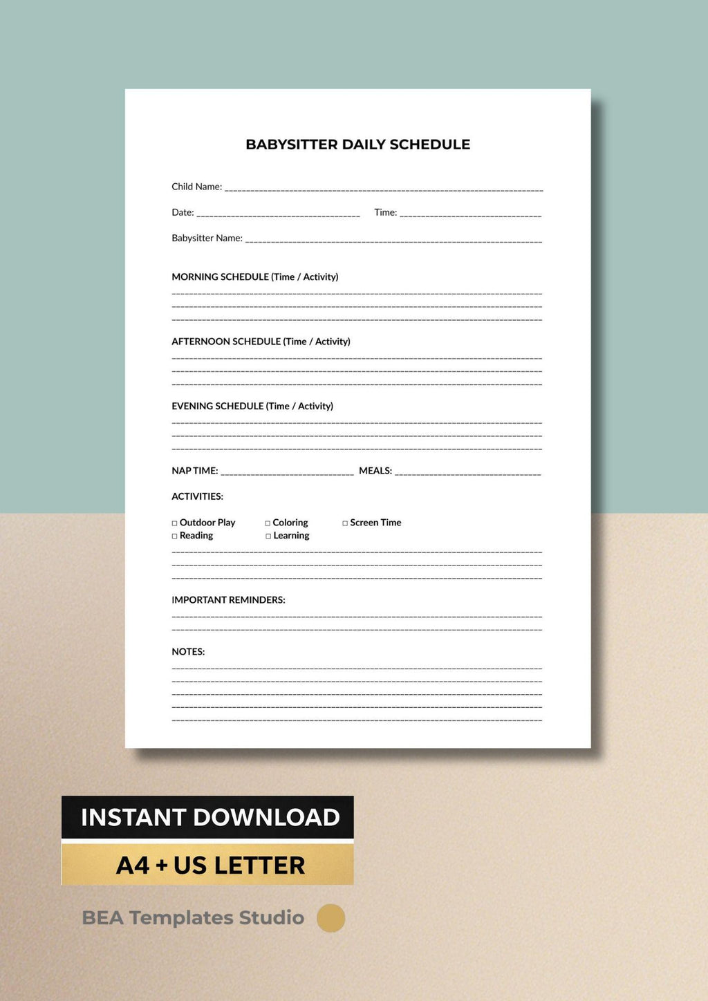 Babysitter Daily Schedule Printable, Child Routine Planner (A4/US Letter PDF)